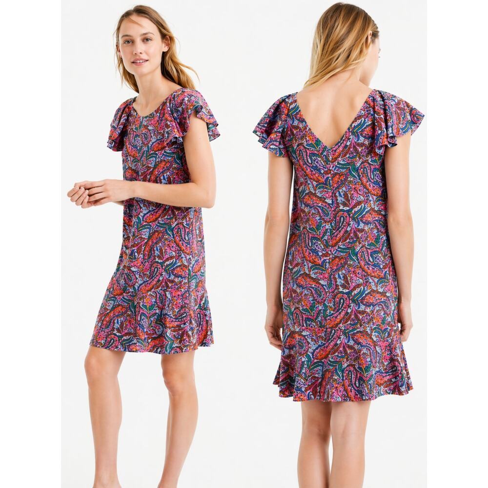J.Crew 100% Silk Paisley Ruffle Dress 12 Pink Flutter Sleeve Romantic Festival